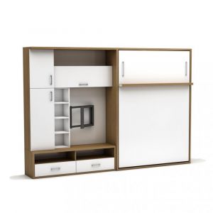 Ensemble armoire Lit TV escamotable vertical couchage 140x190cm blanc et chêne milano