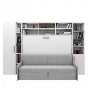 Ensemble lit escamotable horizontal canapé armoire colonne surmeuble armoire demi-porte MULTIMO couchage 140x200cm blanc