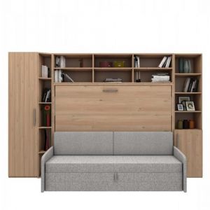 Ensemble lit escamotable horizontal canapé armoire colonne surmeuble armoire demi-porte MULTIMO couchage 140x200cm chêne