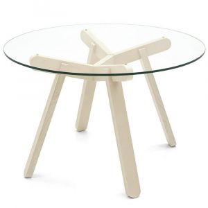 Table repas 5 couverts PEENO 120 cm pieds bois plateau rond verre tremp&eacute;