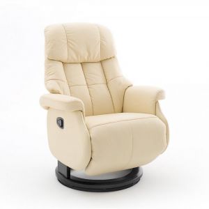 Fauteuil relax manuel PABLO assise confortable en cuir cr&egrave;me pi&eacute;tement bois noir
