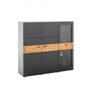 Buffet Haut CASONI 4 portes Laqu&eacute; gris noir ch&ecirc;ne sauvage huil&eacute;