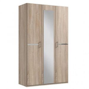 Armoire 3 portes miroir CARAMELLA largeur 135 cm ch&ecirc;ne rechampi chrome brillant.