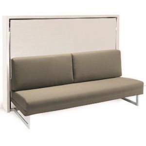 Armoire lit escamotable transversale HOUDINI blanc 140x200 cm avec canap&eacute; taupe int&eacute;gr&eacute;