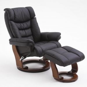 Fauteuil relax manuel IKER assise confortable en cuir noir pi&eacute;tement bois noyer