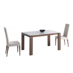 Table repas extensible ARMONIA 10 couverts 160/260x90cm pieds noyer plateau verre blanc