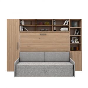 Ensemble lit escamotable horizontal canapé armoire surmeuble armoire demi-porte MULTIMO couchage 140x200cm chêne