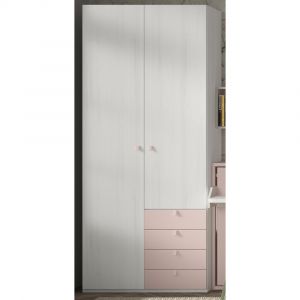 Armoire saisons droite 104,1 x 57,5 m&eacute;lamin&eacute; 2 portes ch&ecirc;ne blanchi 4 tiroirs rose