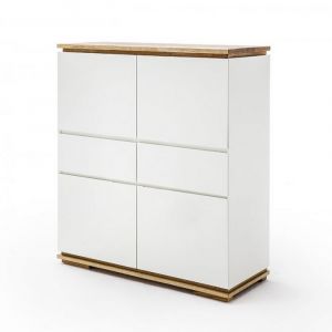 Buffet haut CHARLY 4 portes 2 tiroirs laqu&eacute; blanc mat socle et plateau ch&ecirc;ne massif