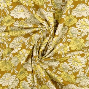 Maille jersey coton fleurs vintage moutarde - Mondial Tissus