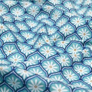 Tissu cretonne enduit imprimé fleur géométrique seventies turquoise - Mondial Tissus