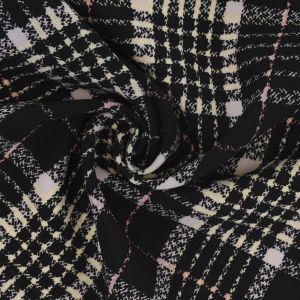 Maille polyester stretch noire imprimée style tartan écru - Mondial Tissus