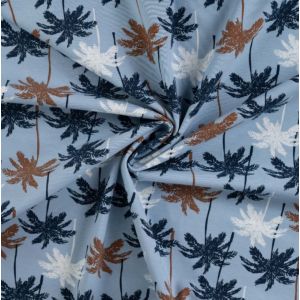 Maille jersey coton imprimée palmier bleu - Mondial Tissus