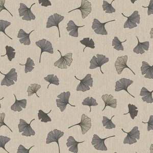 Tissu coton épais bachette effet lin motifs ginkgo noir - Mondial Tissus