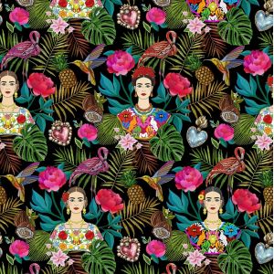Tissu nappage damassé imprimé tropical fond noir - Mondial Tissus