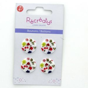 Carte de 4 boutons 2 trous 18 mm multi fleurs blanc et rouge - Récréatys - Mondial Tissus