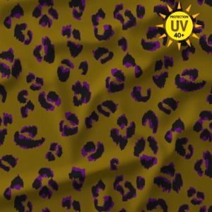 Maillot jersey maillot bain anti-UV imprimée léopard ocre et violet - DOMOTEX - Mondial Tissus