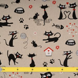 Tissu coton &eacute;pais bachette chat en amour noir - Mondial Tissus