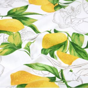 Tissu bachette slub enduit imprimé branches citronniers citron - Mondial Tissus