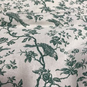 Tissu cretonne enduit mésanges effet toile de jouy vert - Mondial Tissus
