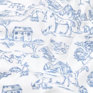 Tissu bachette effet toile de jouy imprimée equestre bleu - Mondial Tissus