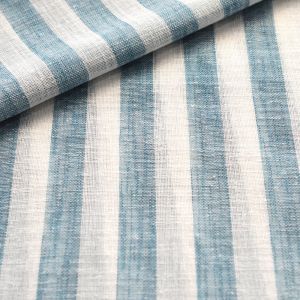 Voilage étamine grosse rayure blanc et bleu paon plombé laize 300cm - Mondial Tissus