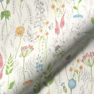 Tissu bachette coton semi-panama blanc motifs herbier printanier - Mondial Tissus