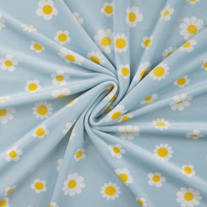 Maille velours &eacute;ponge imprim&eacute;e marguerite bleu - Mondial Tissus