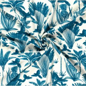 Tissu popeline coton imprimé palmier effet jouy bleu - Mondial Tissus
