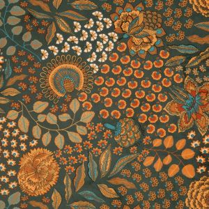 Tissu velours imprim&eacute; paisley r&eacute;tro orange fond bleu canard - Linder - Mondial Tissus