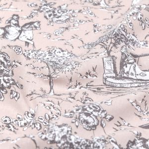 Tissu cretonne imprimé façon toile de Jouy favorite rose - Mondial Tissus