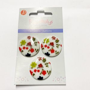 Carte de 3 boutons 2 trous 25 mm multi fleurs blanc et rouge - R&eacute;cr&eacute;atys - Mondial Tissus
