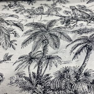Tissu jacquard effet toile de jouy jungle blanc et noir - Mondial Tissus