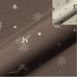 Tissu jacquard l&eacute;ger taupe motifs cerf Edelweiss coeur marron - Mondial Tissus