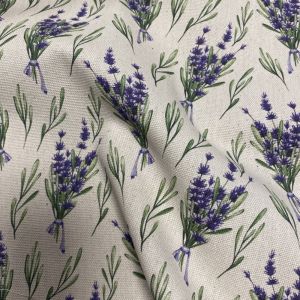 Tissu bachette coton linenlook bouquets de lavande beige - Mondial Tissus