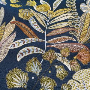 Tissu jacquard grande feuille nature bleu pétrole et doré - Mondial Tissus