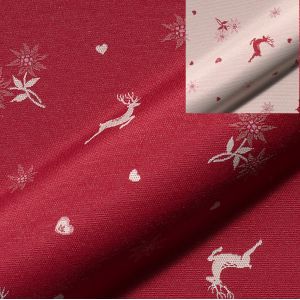 Tissu jacquard l&eacute;ger rouge motifs cerf Edelweiss coeur blanc - Mondial Tissus