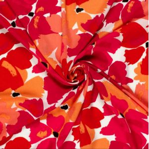 Tissu popeline viscose cr&eacute;pon maxi fleur rouge - Mondial Tissus