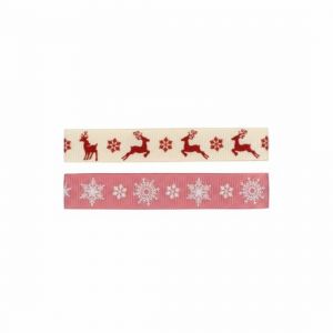 Lot de 2 rubans de No&euml;l &eacute;cru et rose 16 mm x 1 m - R&eacute;cr&eacute;atys - Mondial Tissus