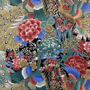 Tissu cretonne imprimé hoshi paon doré vert - Mondial Tissus