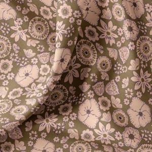 Tissu cretonne grosse fleur rose clair fond kaki - DOMOTEX - Mondial Tissus