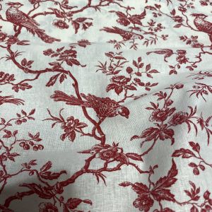 Tissu cretonne mésanges effet toile de jouy rouge - Mondial Tissus