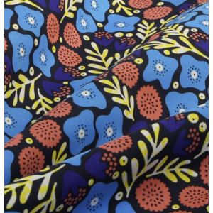 Tissu wax multico floral moderne bleu marron - Mondial Tissus