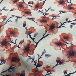 Tissu bachette coton linenlook fleurs de cerisier rouges beige - Mondial Tissus