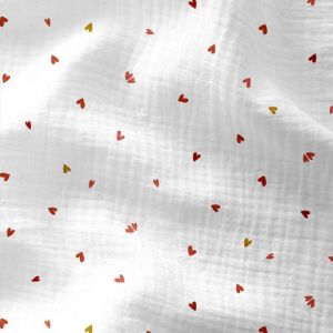 Tissu double gaze imprim&eacute; petit coeur rouge blanc - DOMOTEX - Mondial Tissus