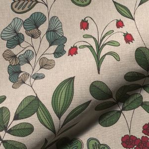 Tissu bachette linenlook écru dessin feuillages fleuris - Mondial Tissus