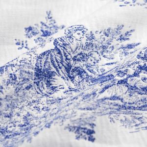 Tissu jacquard toile de jouy effet froissé blanc et bleu - Mondial Tissus