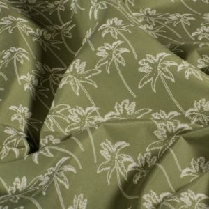 Tissu short de bain recyclé palmier blanc fond kaki - Mondial Tissus