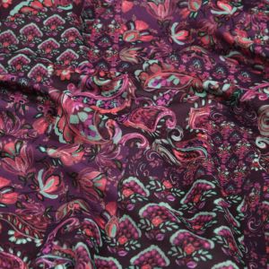 Tissu velours polyester imprimé patchwork paisley prune - Mondial Tissus