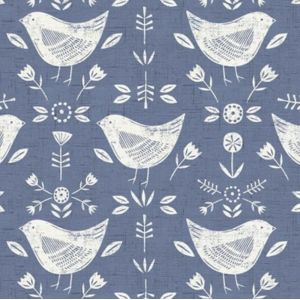 Tissu coton &eacute;pais bachette oiseaux et fleurs Bleu gris - Qualit&eacute; Si&egrave;ge - Fryett's - Mondial Tissus